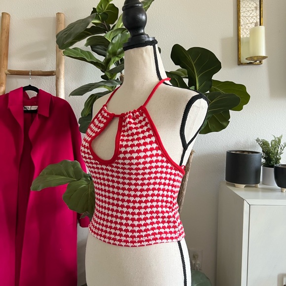 Zara Crochet Knit Red & White Cut Out Halter Keyhole Crop Top NWOT - Picture 5 of 9